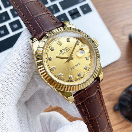 DATEJUST 41 STAINLESS STEEL DIAMOND NUMERALS LEATHER STRAP