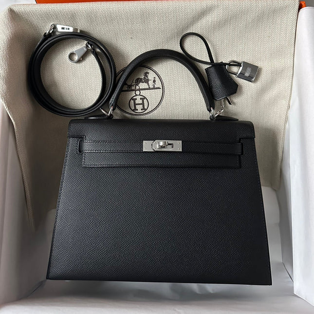 HM KELLY 25CM BLACK EPSOM SILVER HARDWARE