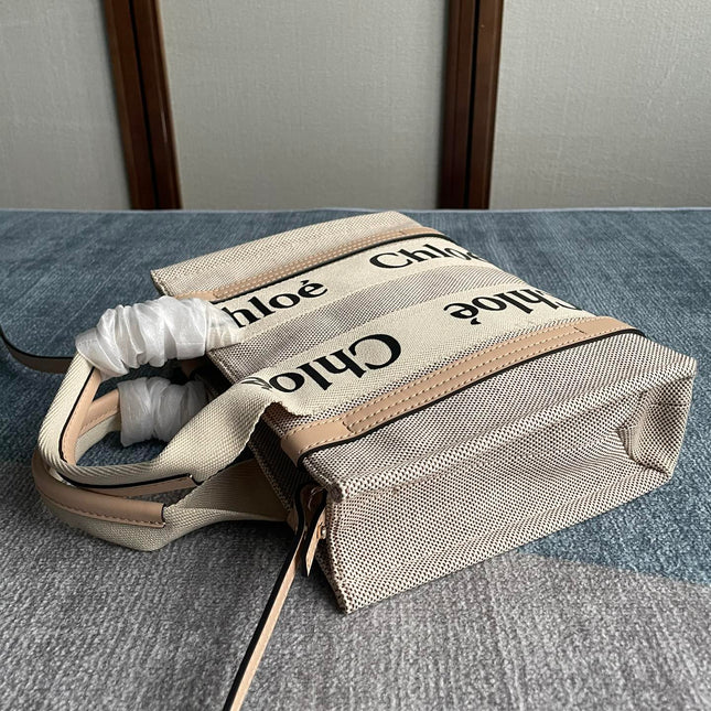 SMALL STRAP WOODY TOTE BAG 26.5 IN BEIGE LINEN CANVAS BLACK WEBBING LOGO EMBROIDER NUDE CALFSKIN