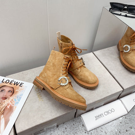JIMMY CHOO 26S ANKLE BOOTS IN CAMEL BROWN SUEDE WITH BUCKLE STRAP