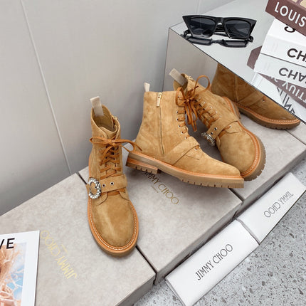 JIMMY CHOO 26S ANKLE BOOTS IN CAMEL BROWN SUEDE WITH BUCKLE STRAP