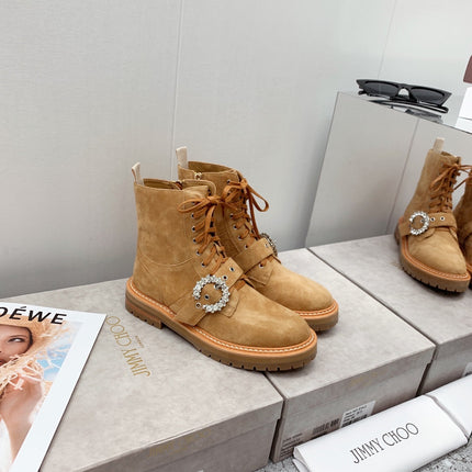 JIMMY CHOO 26S ANKLE BOOTS IN CAMEL BROWN SUEDE WITH BUCKLE STRAP