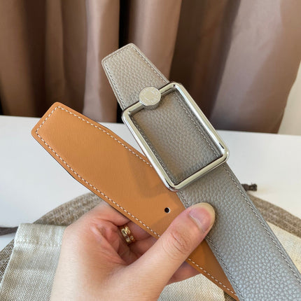 OSCAR BELT BUCKLE & REVERSIBLE KHAKI BROWN AND ORANGE LEATHER STRAP 38MM SILVER HARDWARE