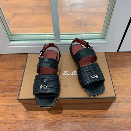 LP RAFFIA CHARMS STRAP FLATS SANDAL BLACK CALFSKIN
