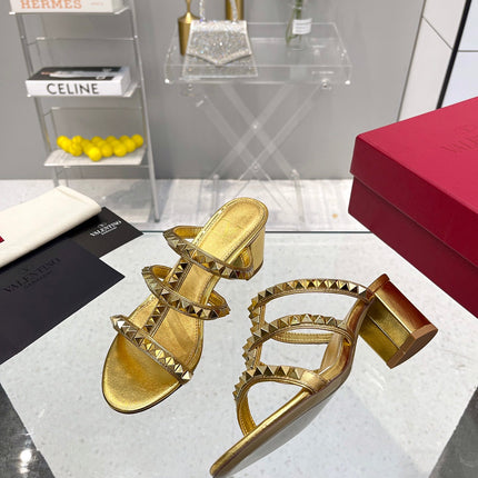VALENTINO 26S ROCKSTUD STRAPPY BLOCK HEEL SLIDE SANDALS IN GOLD CALFSKIN