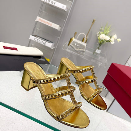 VALENTINO 26S ROCKSTUD STRAPPY BLOCK HEEL SLIDE SANDALS IN GOLD CALFSKIN