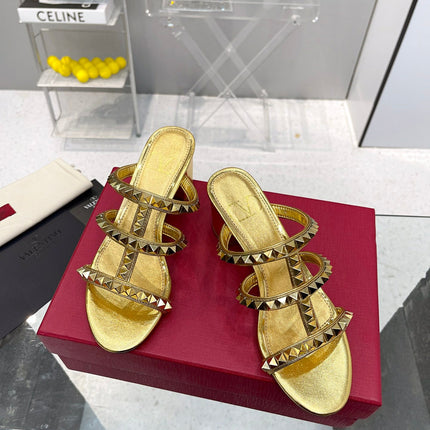 VALENTINO 26S ROCKSTUD STRAPPY BLOCK HEEL SLIDE SANDALS IN GOLD CALFSKIN