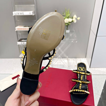 VALENTINO 26S ROCKSTUD STRAPPY BLOCK HEEL SLIDE SANDALS IN BLACK CALFSKIN GOLD HARDWARE
