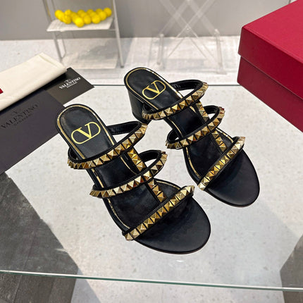 VALENTINO 26S ROCKSTUD STRAPPY BLOCK HEEL SLIDE SANDALS IN BLACK CALFSKIN GOLD HARDWARE