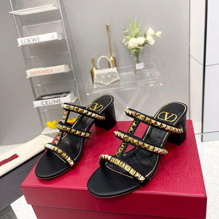 VALENTINO 26S ROCKSTUD STRAPPY BLOCK HEEL SLIDE SANDALS IN BLACK CALFSKIN GOLD HARDWARE