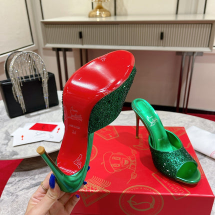 CHRISTIAN LOUBOUTIN 26S HEEL SANDALS 100 MM IN METALLIC GREEN LEATHER RHINESTONES