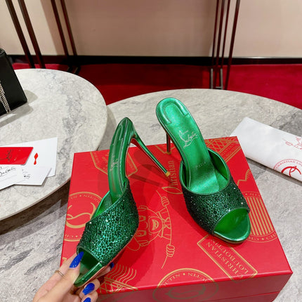 CHRISTIAN LOUBOUTIN 26S HEEL SANDALS 100 MM IN METALLIC GREEN LEATHER RHINESTONES