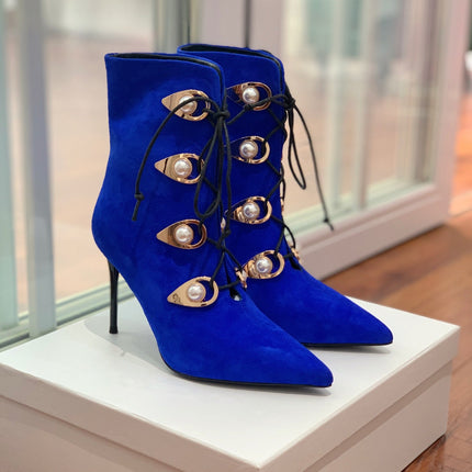 BALMAIN 26S BOOT 95 MM IN DARK BLUE SUEDE PEARL BUTTON