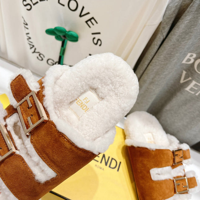 FENDI DAD SANDAL MULE IN BRONZE BROWN SUEDE WITH WHITE FLEECE