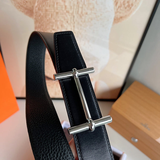HM H D'ANCRE BELT BUCKLE & REVERSIBLE BLACK LEATHER STRAP 38 MM SILVER HARDWARE