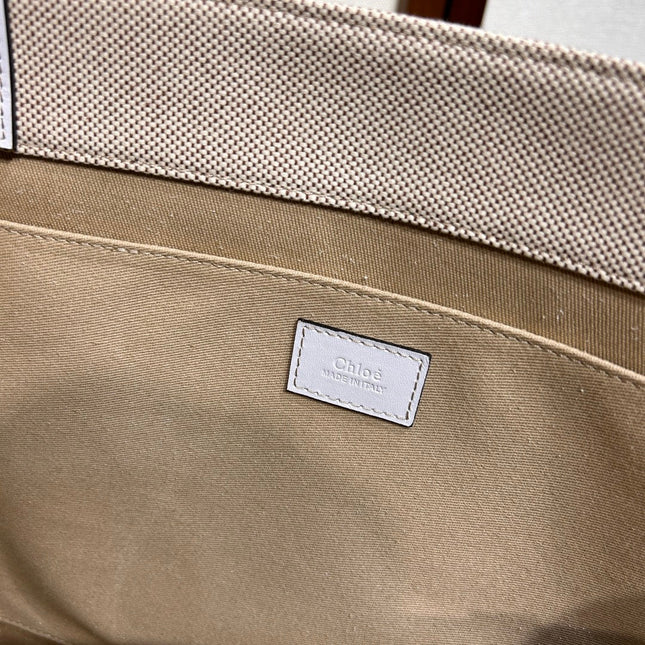 LAGRE WOODY TOTE BAG 45 IN BEIGE LINEN CANVAS BLACK WEBBING LOGO EMBROIDER WHITE CALFSKIN