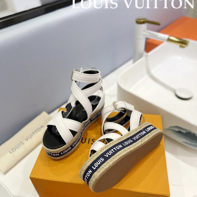 LV 26S WEDGE SANDALS 70 MM IN WHITE AND BLACK LAMBSKIN