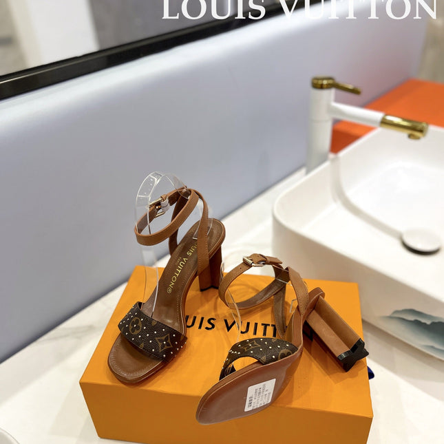 LV 26S HIGH HEEL SANDALS 80 MM IN BROWN MONOGRAM CANVAS WITH STUDS