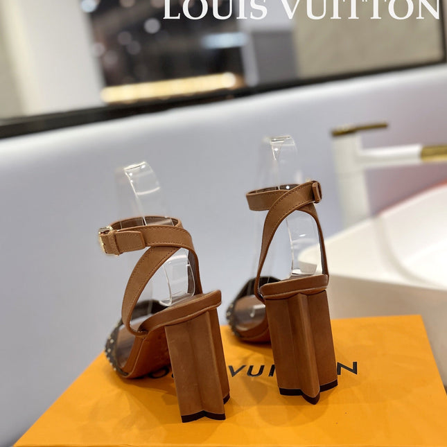 LV 26S HIGH HEEL SANDALS 80 MM IN BROWN MONOGRAM CANVAS WITH STUDS