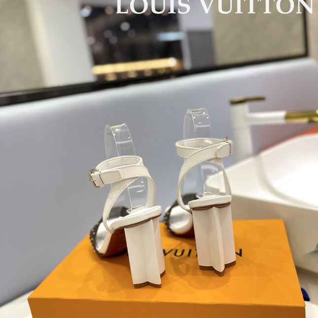 LV 26S HIGH HEEL SANDALS 80 MM IN WHITE AND DARK BROWN MONOGRAM CANVAS WITH STUDS