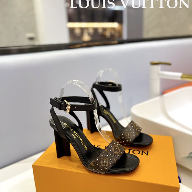 LV 26S HIGH HEEL SANDALS 80 MM IN BLACK AND DARK BROWN MONOGRAM CANVAS WITH STUDS