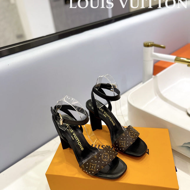 LV 26S HIGH HEEL SANDALS 80 MM IN BLACK AND DARK BROWN MONOGRAM CANVAS WITH STUDS