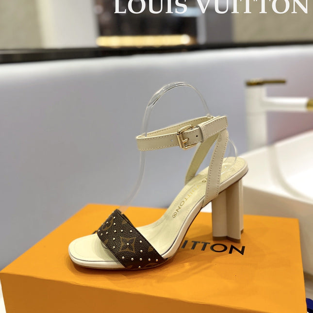 LV 26S HIGH HEEL SANDALS 80 MM IN BEIGE AND DARK BROWN MONOGRAM CANVAS WITH STUDS