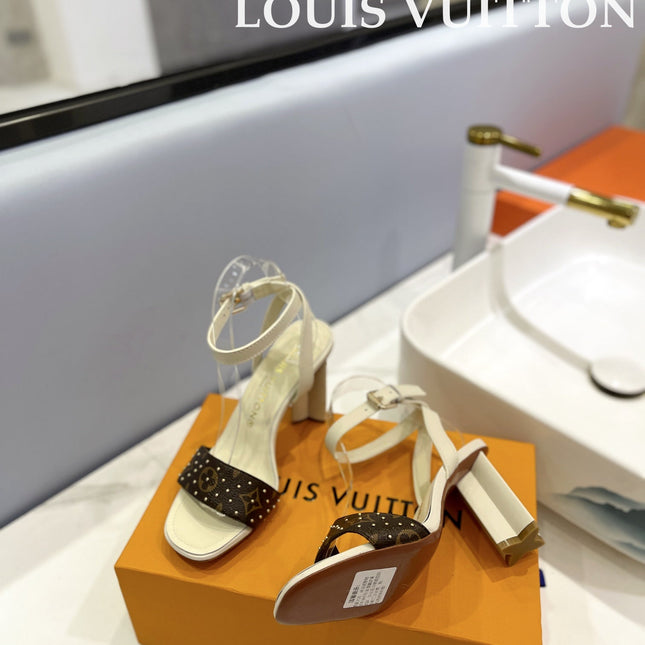 LV 26S HIGH HEEL SANDALS 80 MM IN BEIGE AND DARK BROWN MONOGRAM CANVAS WITH STUDS