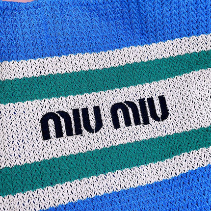 TOTE BAG 40 IN STRIPED PATTERN OF BLUE GREEN AND CREAM WHITE WOVEN RAFFIA