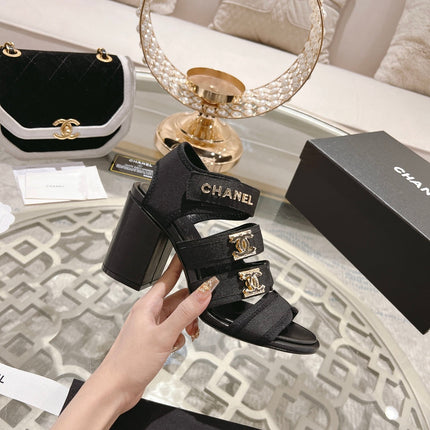 Double C  Xiaoxiang Chain Fabric Head Chunky Heel Sandals Black Lambskin