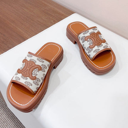 LEA TRIOMPHE PLATFORM SLIDES WOMEN VEGETABLE TANNED CALFSKIN BROWN/WHITE