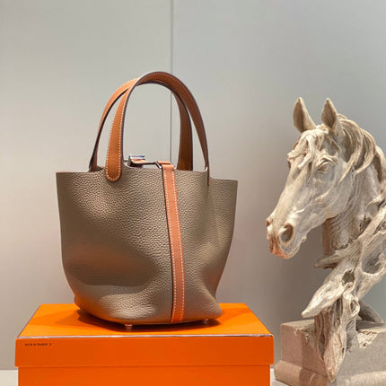 HERMES 25S PICOTIN LOCK 18 IN BURNT ORANGE AND BROWN CALFSKIN SILVER HARDWARE