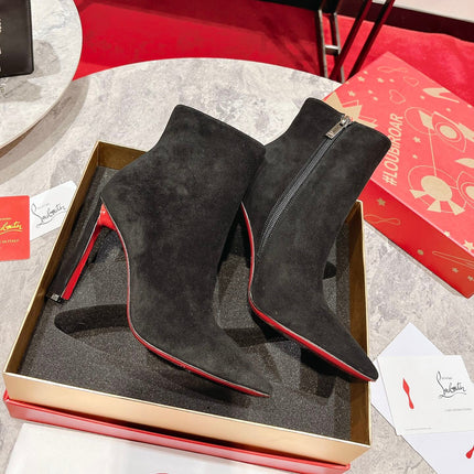 CHRISTIAN LOUBOUTIN 26S POINTED TOE ANKLE BOOTS 100 MM IN BLACK SUEDE