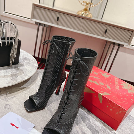 CHRISTIAN LOUBOUTIN 26S PEEP TOE BOOTS 100 MM IN BLACK PERFORATED CALFSKIN