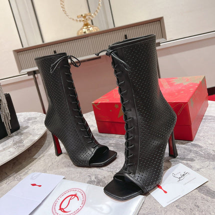 CHRISTIAN LOUBOUTIN 26S PEEP TOE BOOTS 100 MM IN BLACK PERFORATED CALFSKIN