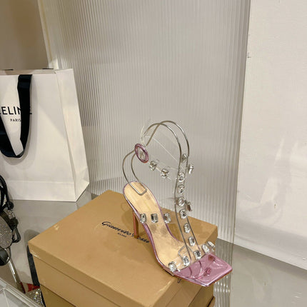 GIANVITO ROSSI 26S HEELED SANDALS 105 MM IN METALLIC PINK PATENT LEATHER CRYSTALS