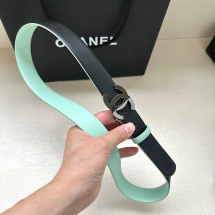 CC 30MM BELT IN GREEN MINT AND BLACK CALFSKIN WITH SILVER HARDWARE