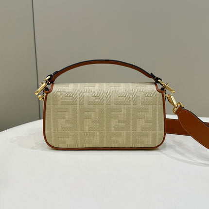 Fend Baguette Tan Beige Canvas Bag 27 with FF Embroidery Ghw