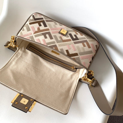 Fend Baguette White Brown and Multicolour Canvas Bag 27 with FF Embroidery Ghw
