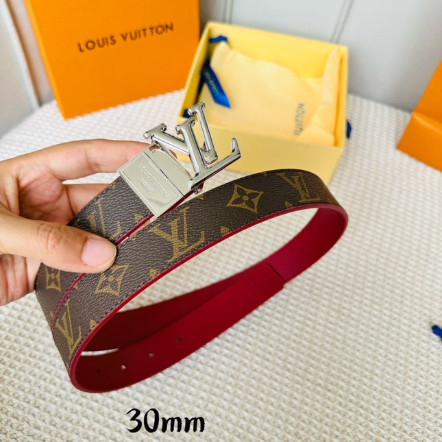 LV Initiales 30mm Reversible Belt Silver Rotating Buckle Burgundy Brown Leather