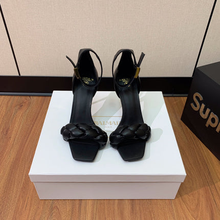 BALMAIN 25S ANKLE STRAP HIGH HEEL 95MM IN BLACK CALFSKIN