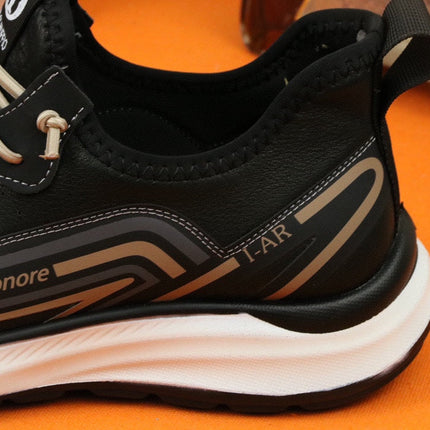 PRA SNEAKER IN BLACK MIX GOLD CALFSKIN AND BREATHABLE MESH