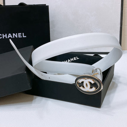 CC 30MM BELT IN WHITE SMOOTH CALFSKIN WHITE MIX BLACK METAL HARDWARE