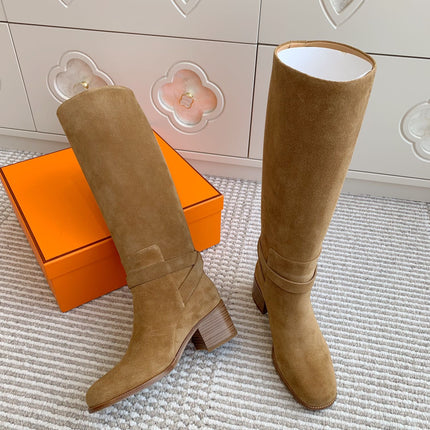 HM 25S TALL BOOTS 50 MM IN BROWN SUEDE WITH GOLD HARDWARE