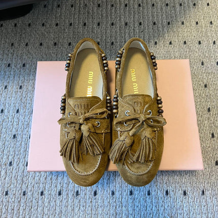 MIUMIU 26S TASSEL LOAFERS IN OLIVE BROWN SUEDE