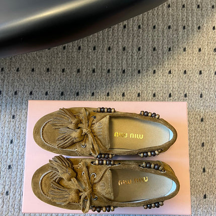 MIUMIU 26S TASSEL LOAFERS IN OLIVE BROWN SUEDE