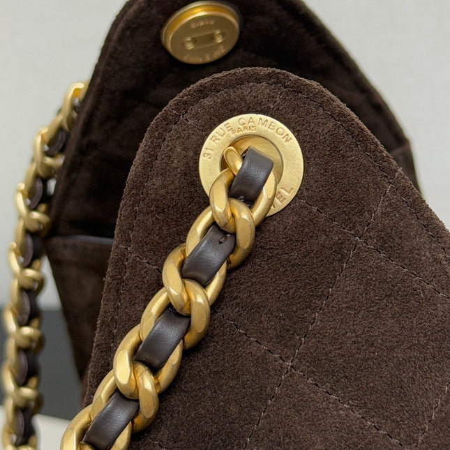 CHANEL 25S HOBO BAG 40 CM IN DARK BROWN SUEDE WITH GOLD HARDWARE