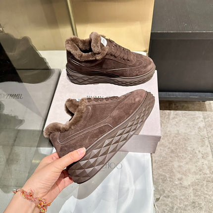 JIMMY CHOO 26S FUR-LINED SNEAKERS IN DARK BROWN SUEDE