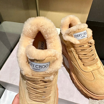 JIMMY CHOO 26S FUR-LINED SNEAKERS IN CAMEL SUEDE