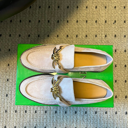 BOTTEGA VENETA 26S LOAFERS IN LIGHT BEIGE SUEDE WITH GOLD HARDWARE